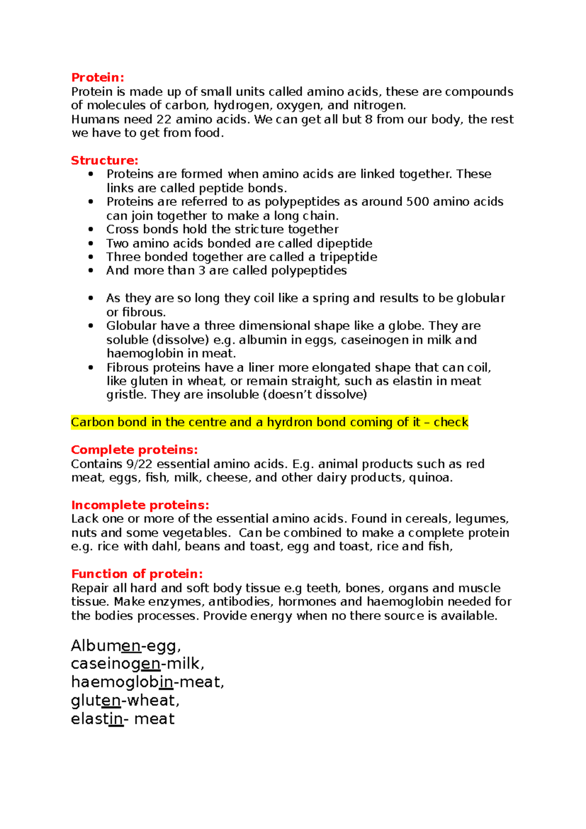 Proteins: Prelim Notes for Food Technology Year 11 - Studocu