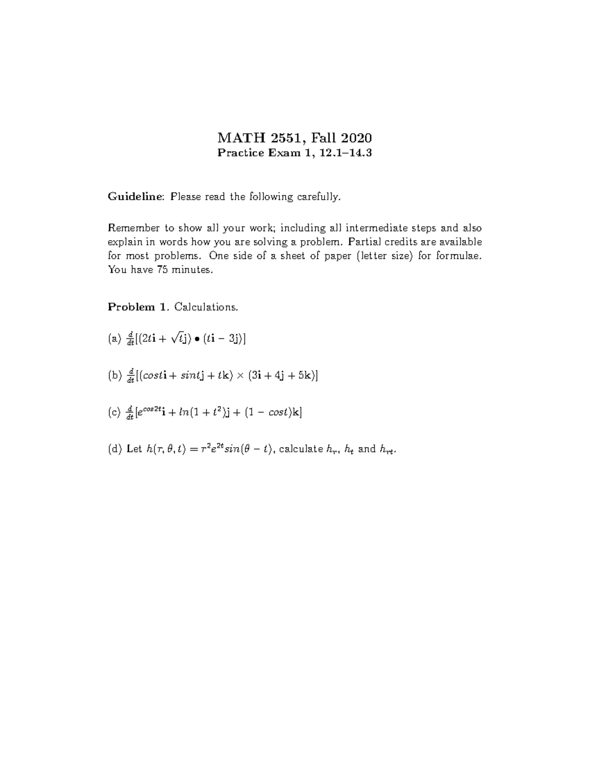 Pr1 - Practice Tests - MATH 2551, Fall 2020 Practice Exam 1, 12–14 ...