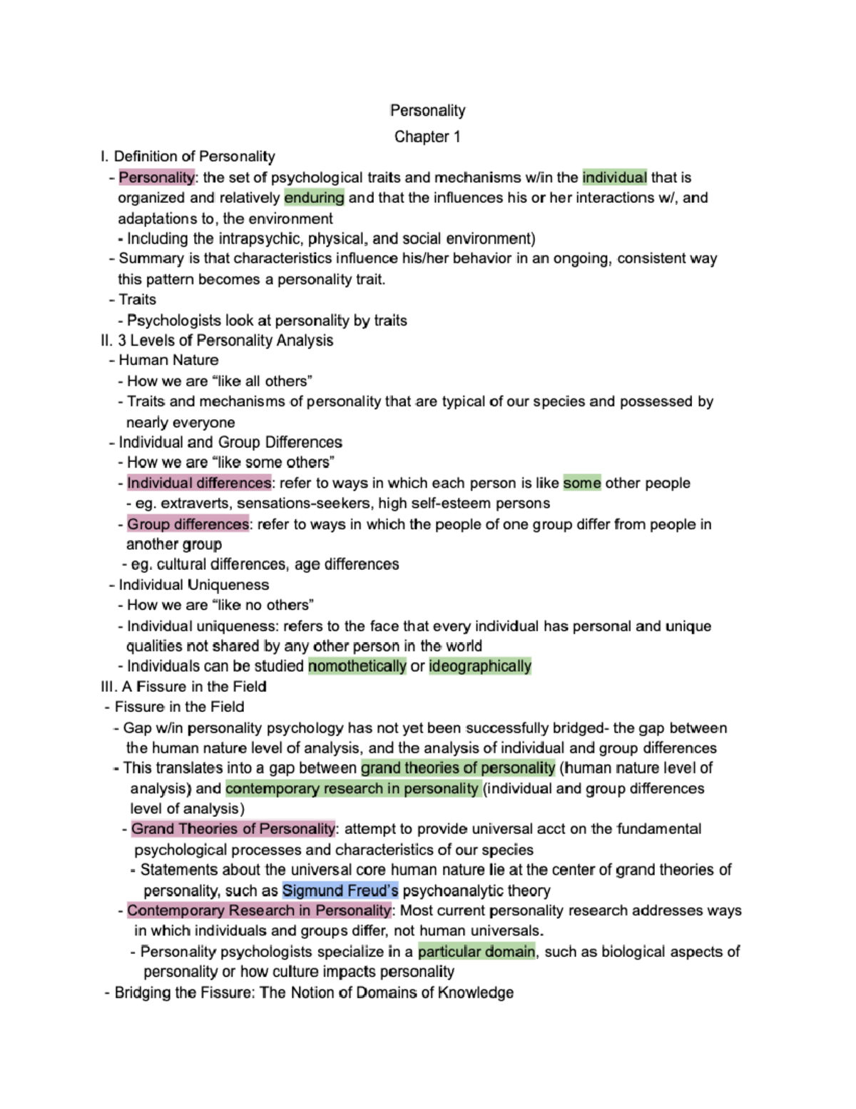 Personality - Google Docs - Personality Chapter 1 I. Definition of ...
