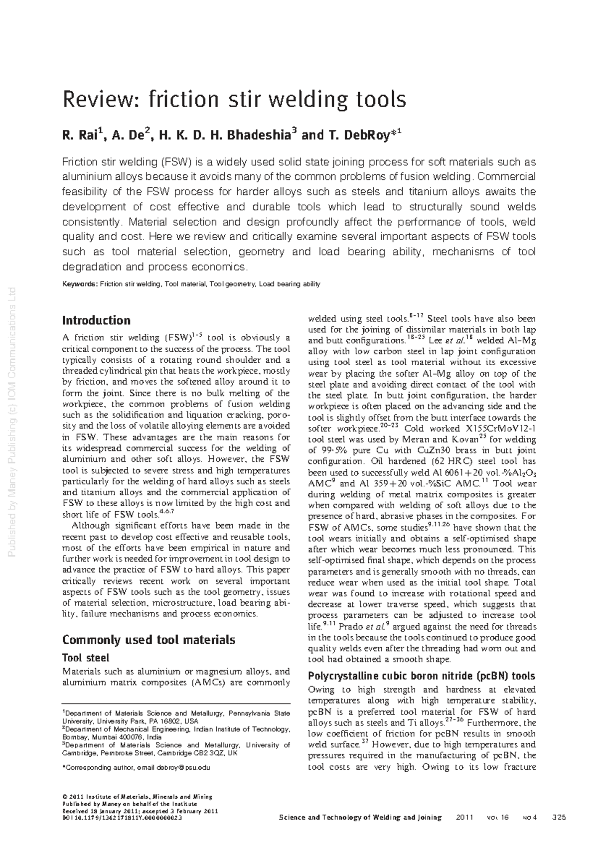 Review of Friction Stir Welding Tools: Insights and Developments (2011 ...