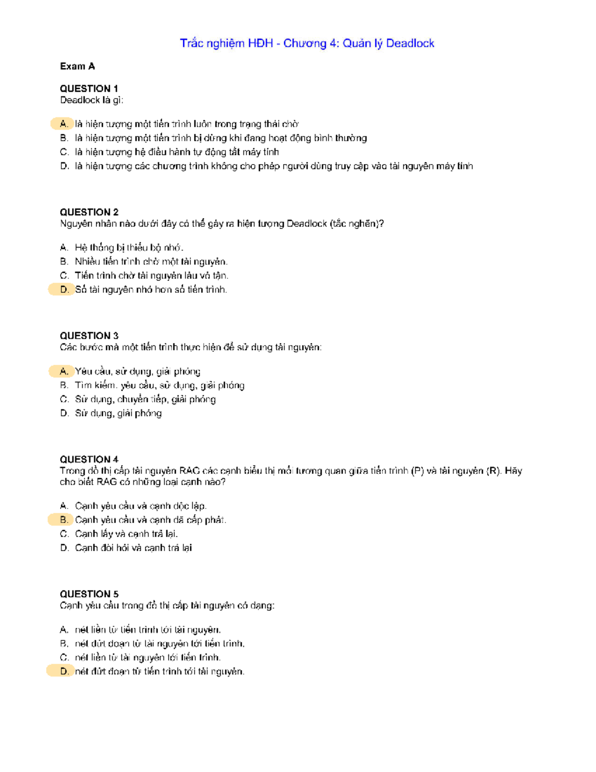 Key - Chương 4: Ôn Tập Cuối Kỳ Về Deadlock Exam A - Studocu
