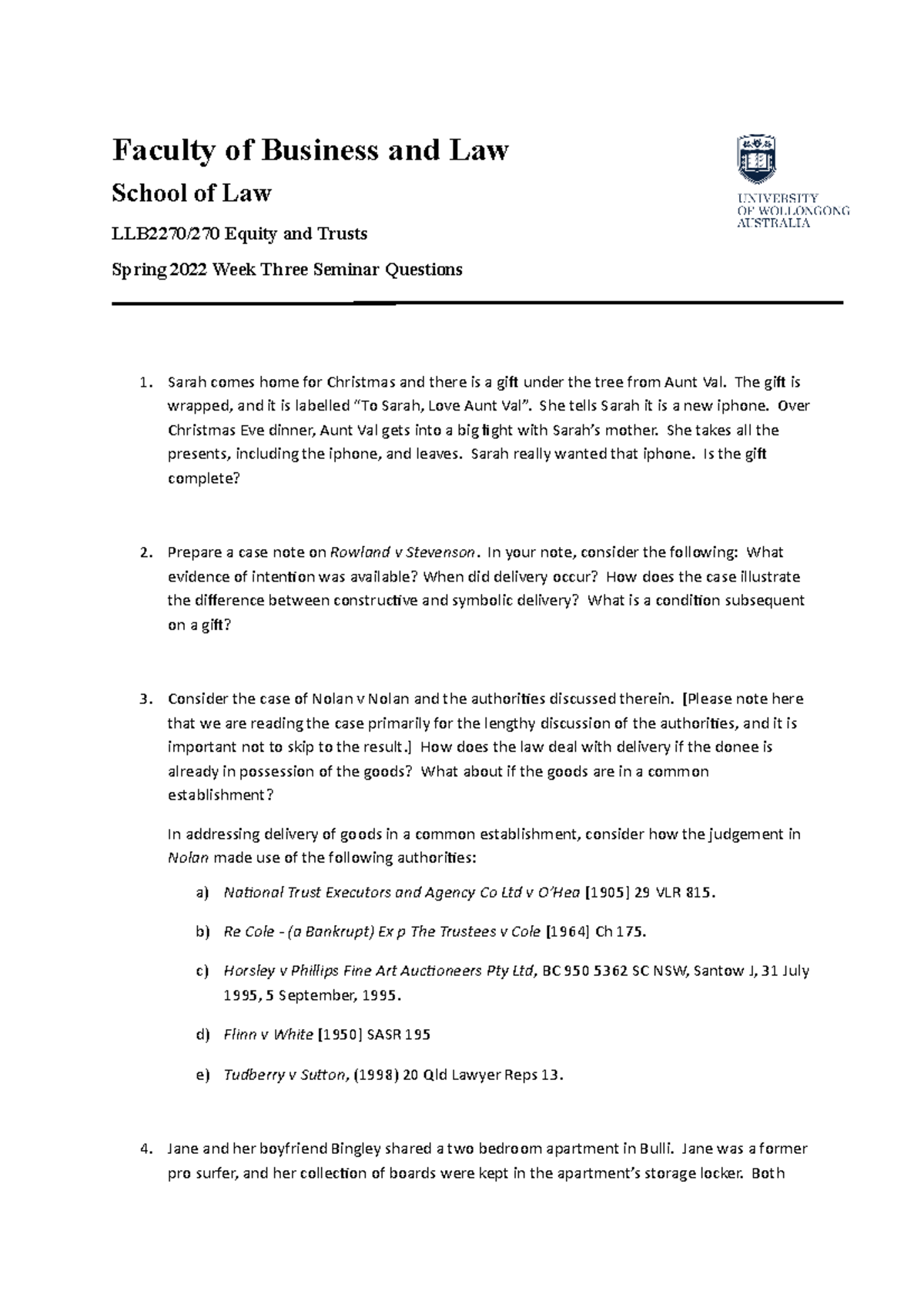 LLB 2270 2022 Week 3 Seminar Questions on Equity and Trusts - Studocu