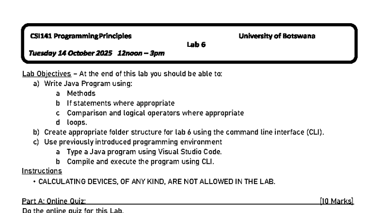 Csi141 Lab 6: Java Programming & Base 10 to Binary Conversion - Studocu