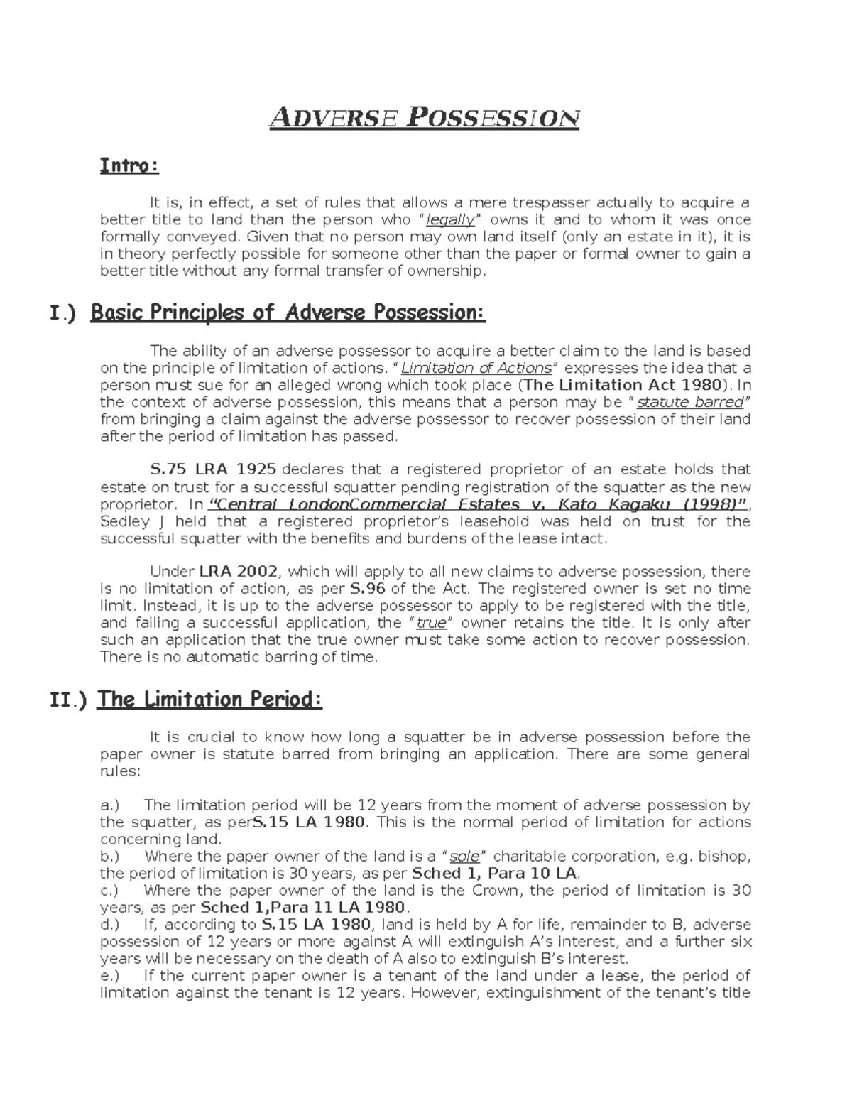 Adverse Possession: Key Principles and Legal Framework (LAW 101) - Studocu