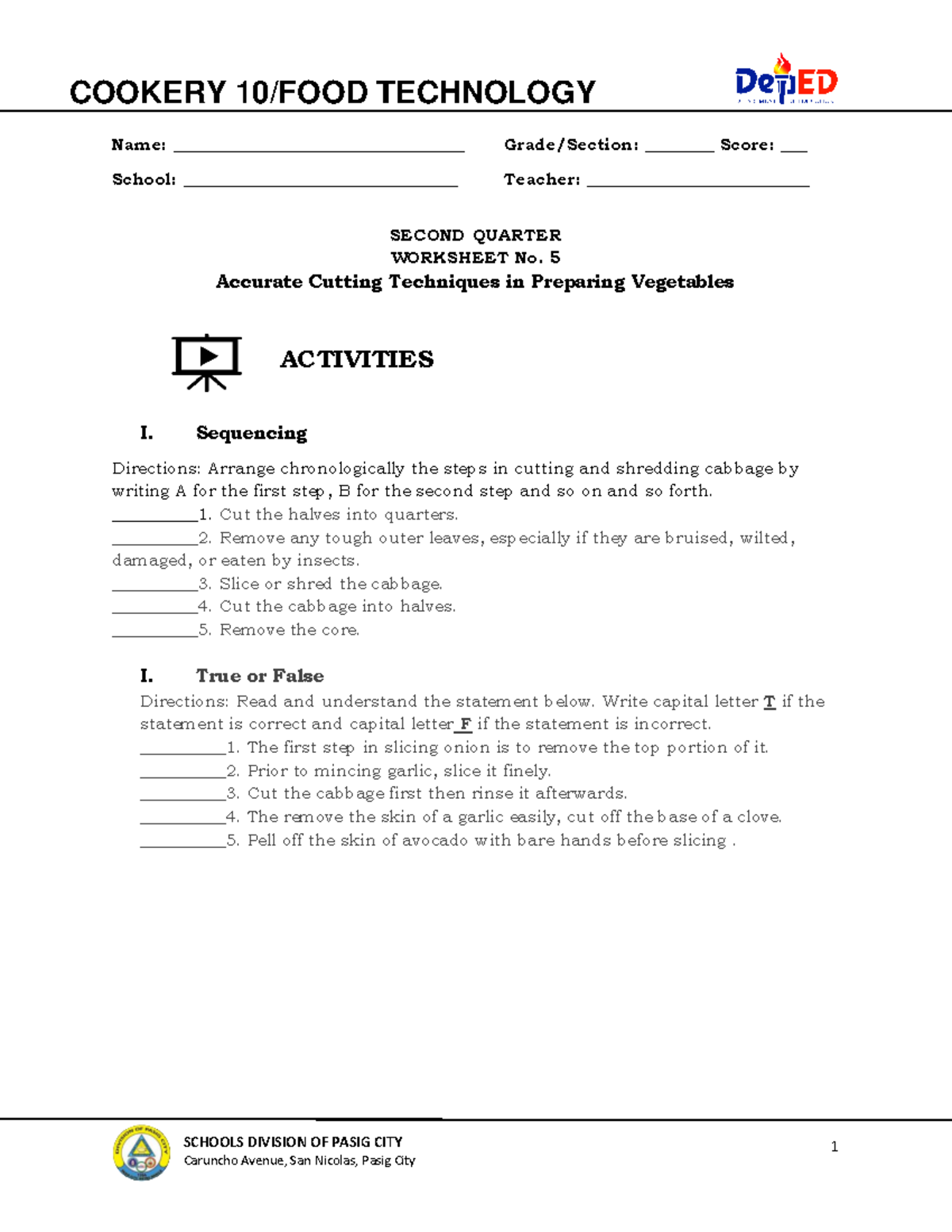TLE10 Cookery 10 Q2 DW5 - activity sheets - 1 COOKERY 10/FOOD ...