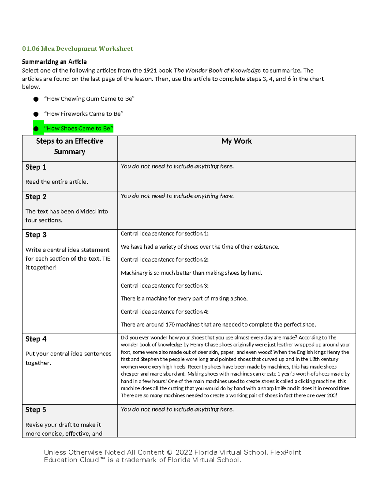 01 06 worksheet - idk - 01 Idea Development Worksheet Summarizing an ...