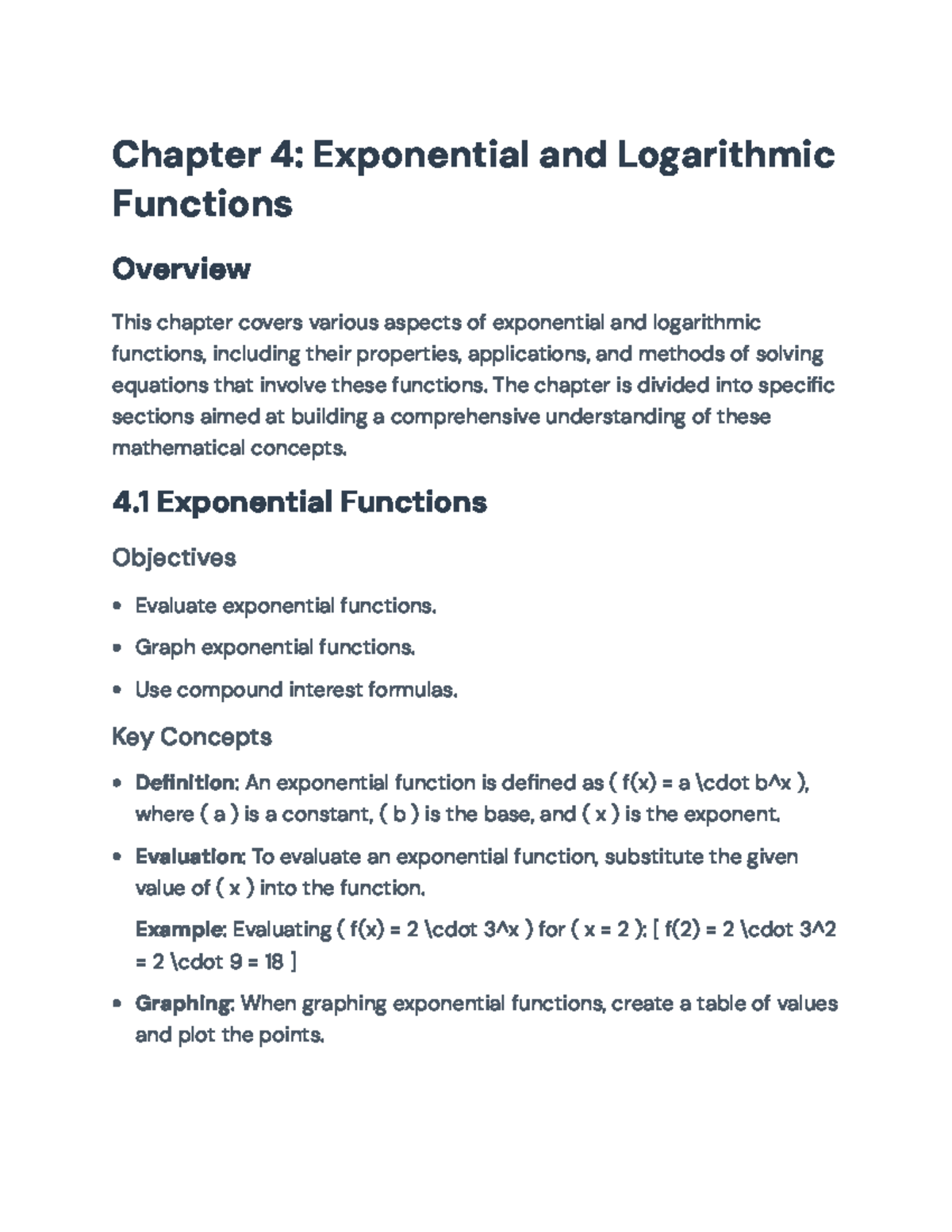 Chapter 4: Exponential and Logarithmic Functions Overview - Chapter 4 ...