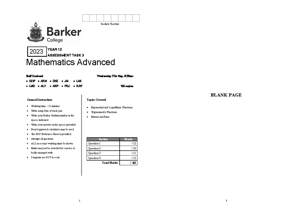 Barker 2023 2U Mathematics Advanced CT3 Assessment & Solutions - Studocu