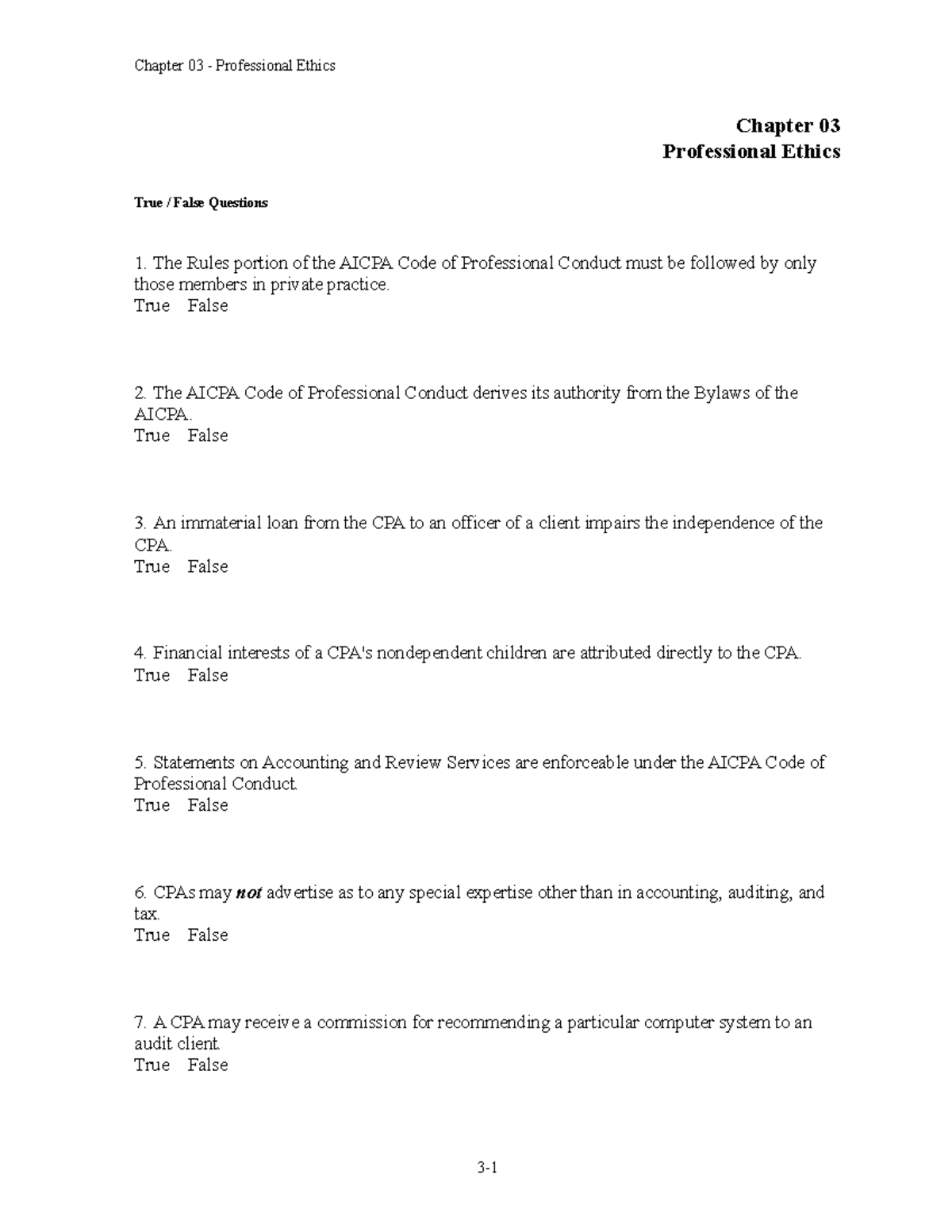 Chapter 3 professional ethics - Chapter 03 Professional Ethics True ...
