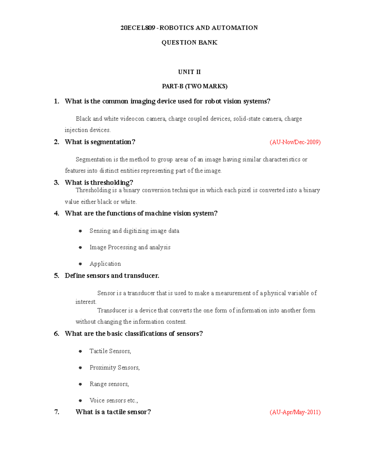 Unit II Question Bank - 20ECEL809 Automation Concepts and Techniques ...
