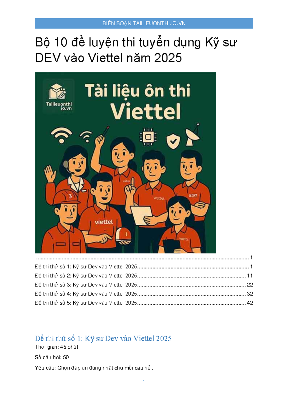 Bộ 10 Đề Thi Thử Tuyển Dụng Kỹ Sư DEV Viettel 2025 - Document Preview