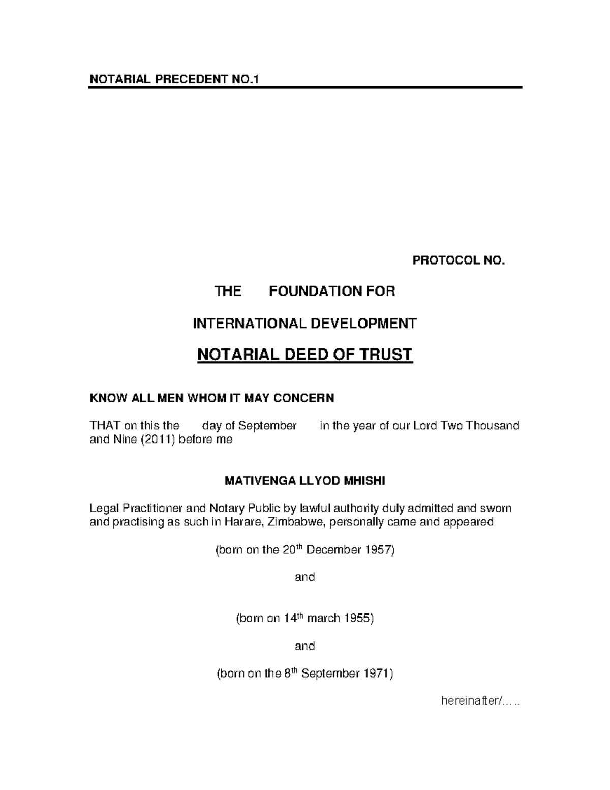 Notarial Deed of Trust for International Development - Precedent 1 ...