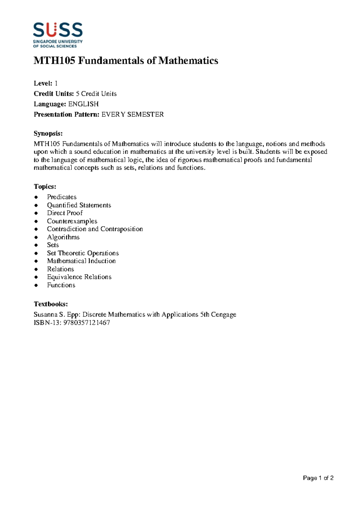 MTH105 - Fundamentals of Mathematics Course Overview and Assessment ...