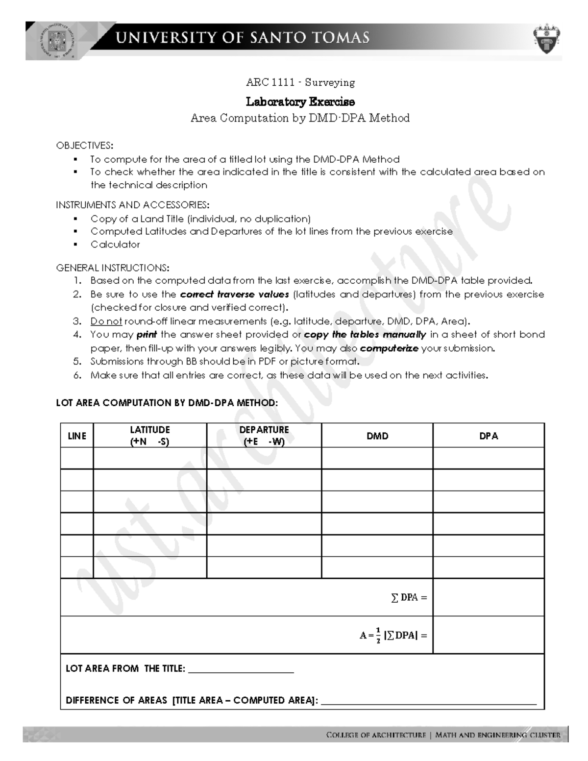 ARC 1111 Lab Exercise: Area Computation Using DMD-DPA Method - Studocu