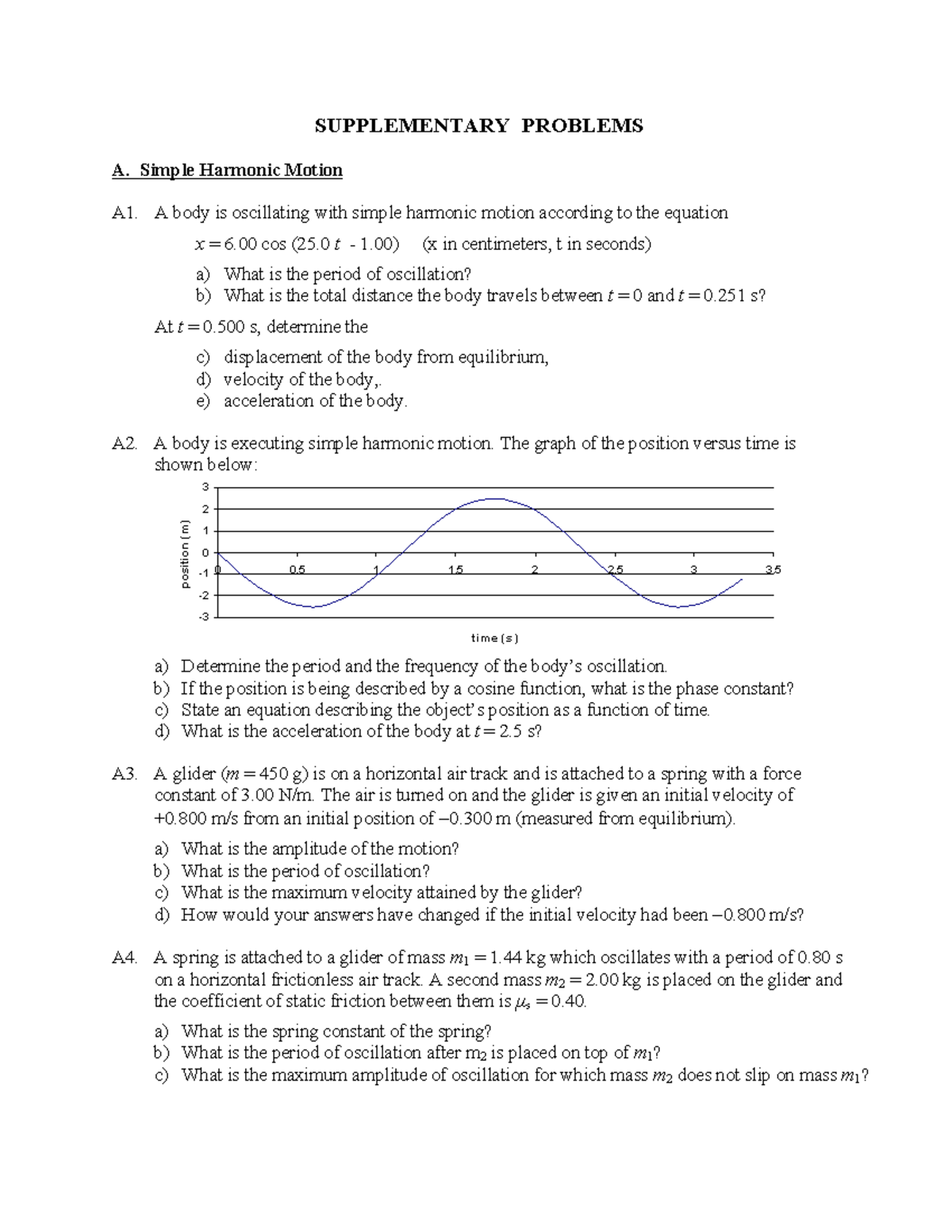 Supplementary Problems on Simple Harmonic Motion and Waves (PHYS 101 ...