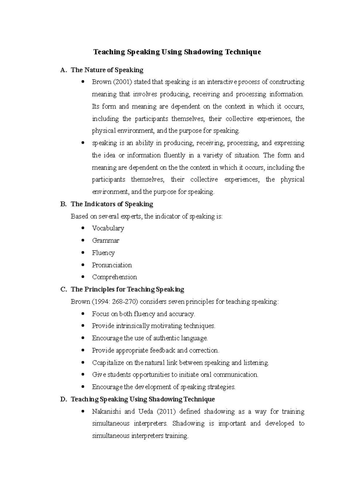 Teaching Speaking with Shadowing Technique: Insights and Methods - Studocu