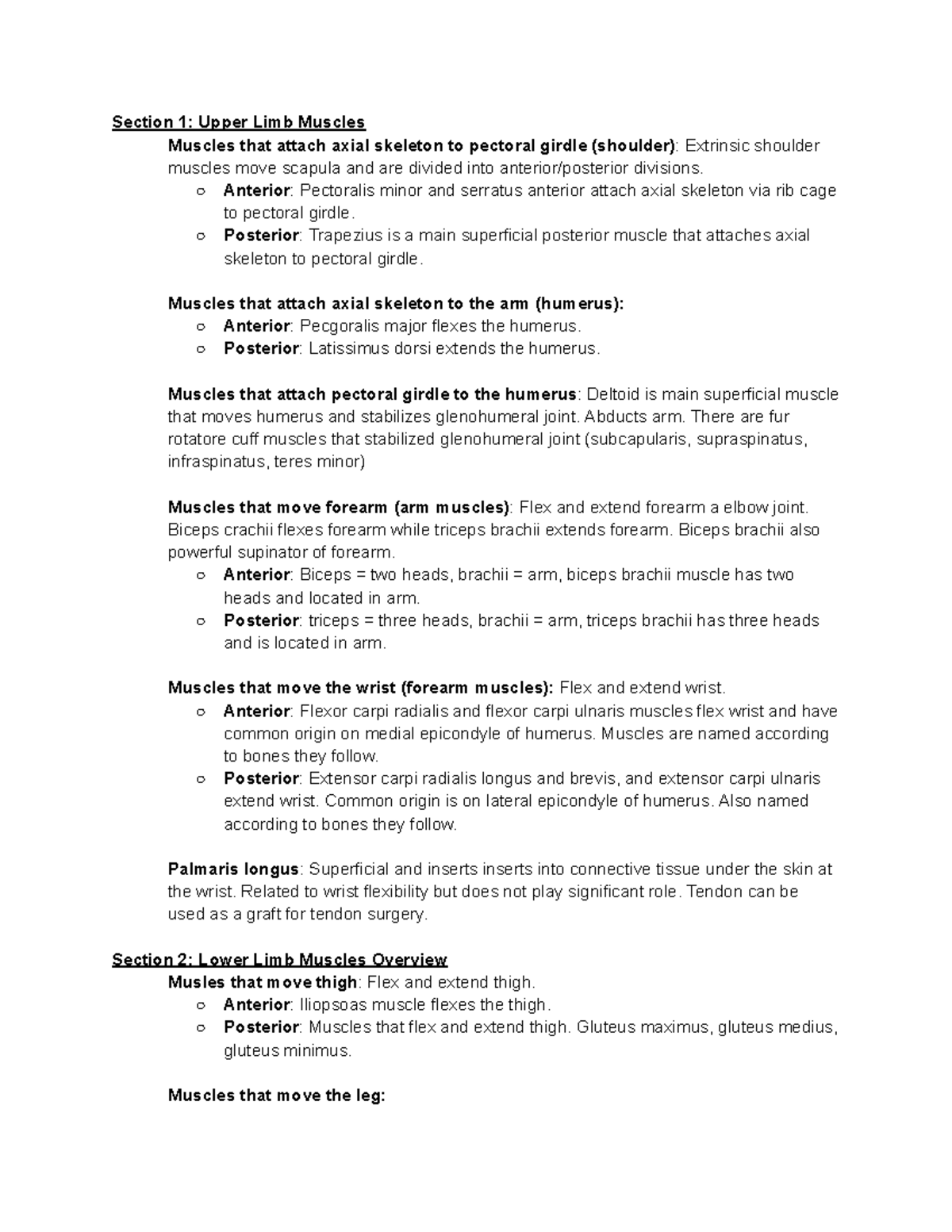 ANAT100: Upper and Lower Limb Muscles Overview Notes - Studocu
