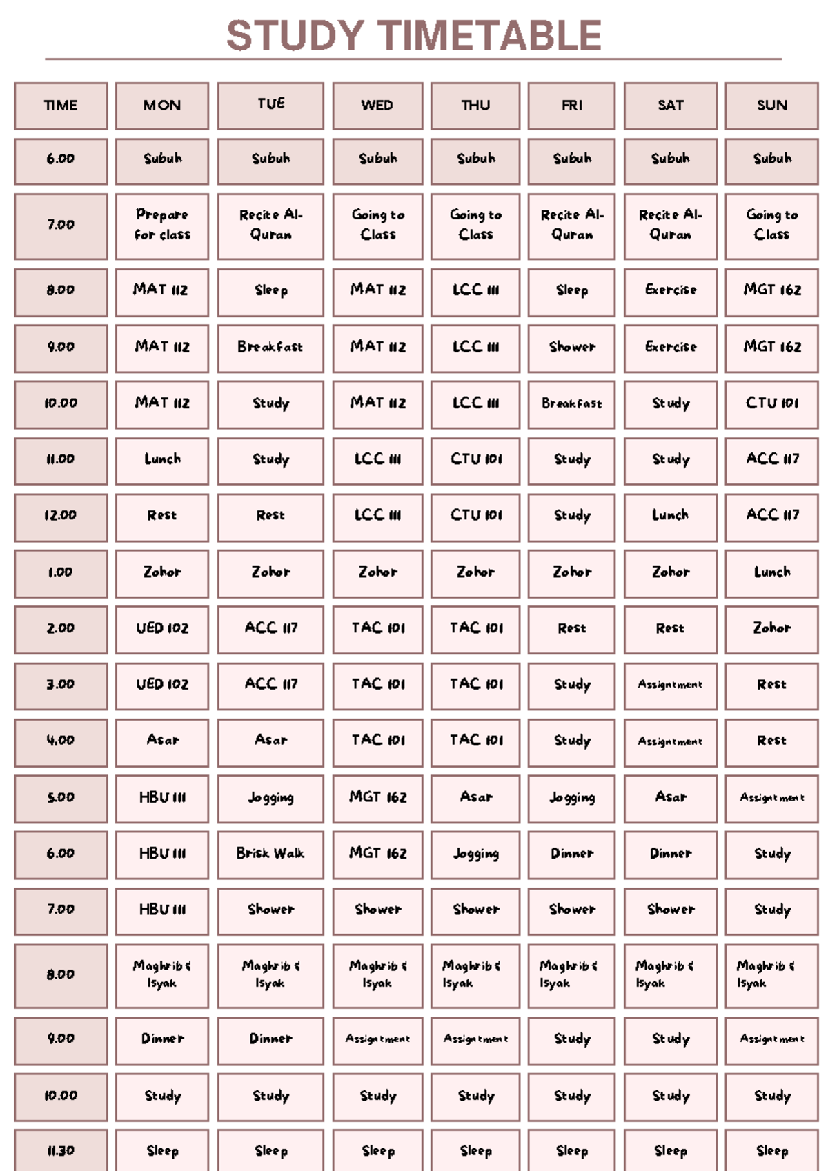 Study Timetable for MAT 112, ACC 117, UED 102, HBU 111, and TAC 101 ...