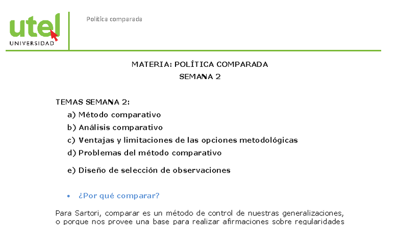 Apuntes de Política Comparada - Semana 2: Métodos y Análisis - Studocu