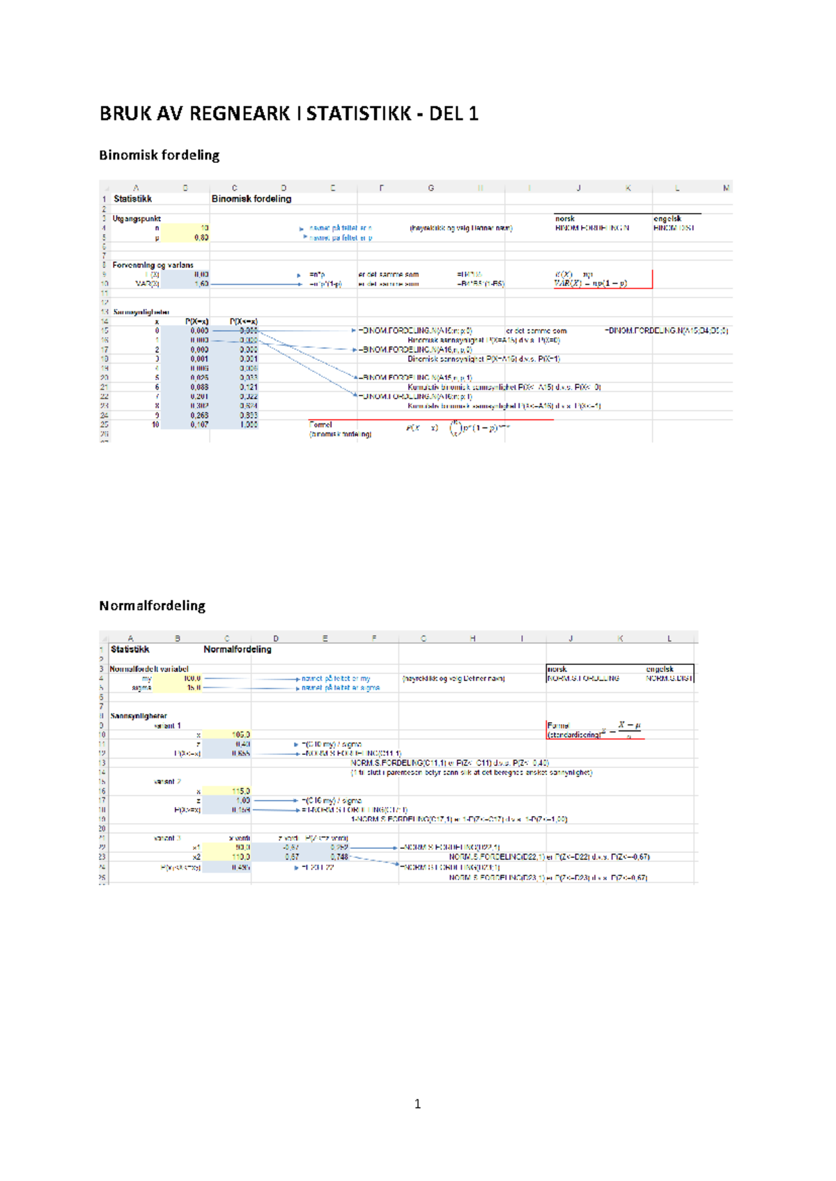 Excel formler statistikk 1 - STA1000 - 1 BRUK AV REGNEARK I STATISTIKK ...