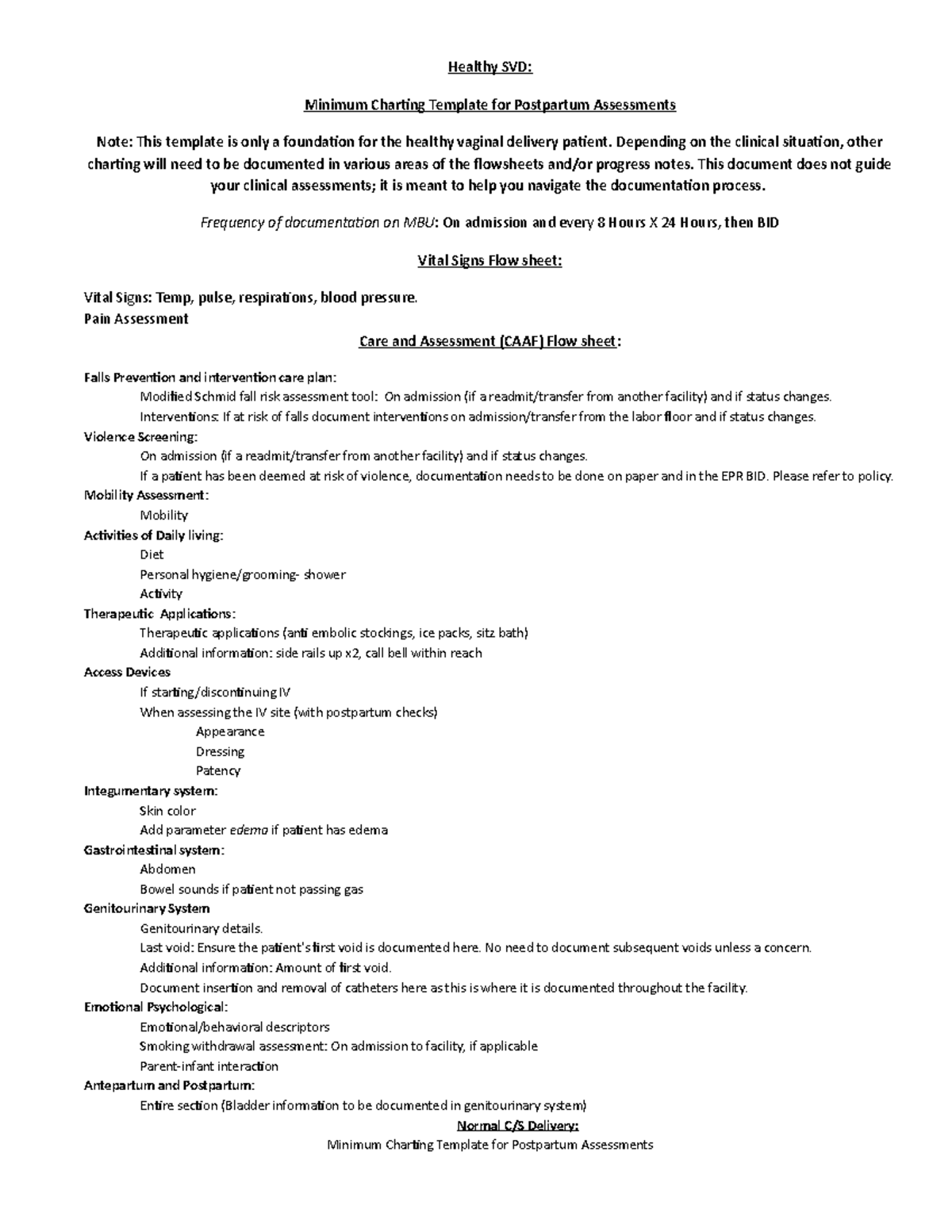 Post Partum Min Charting assessment - Healthy SVD: Minimum Charting ...