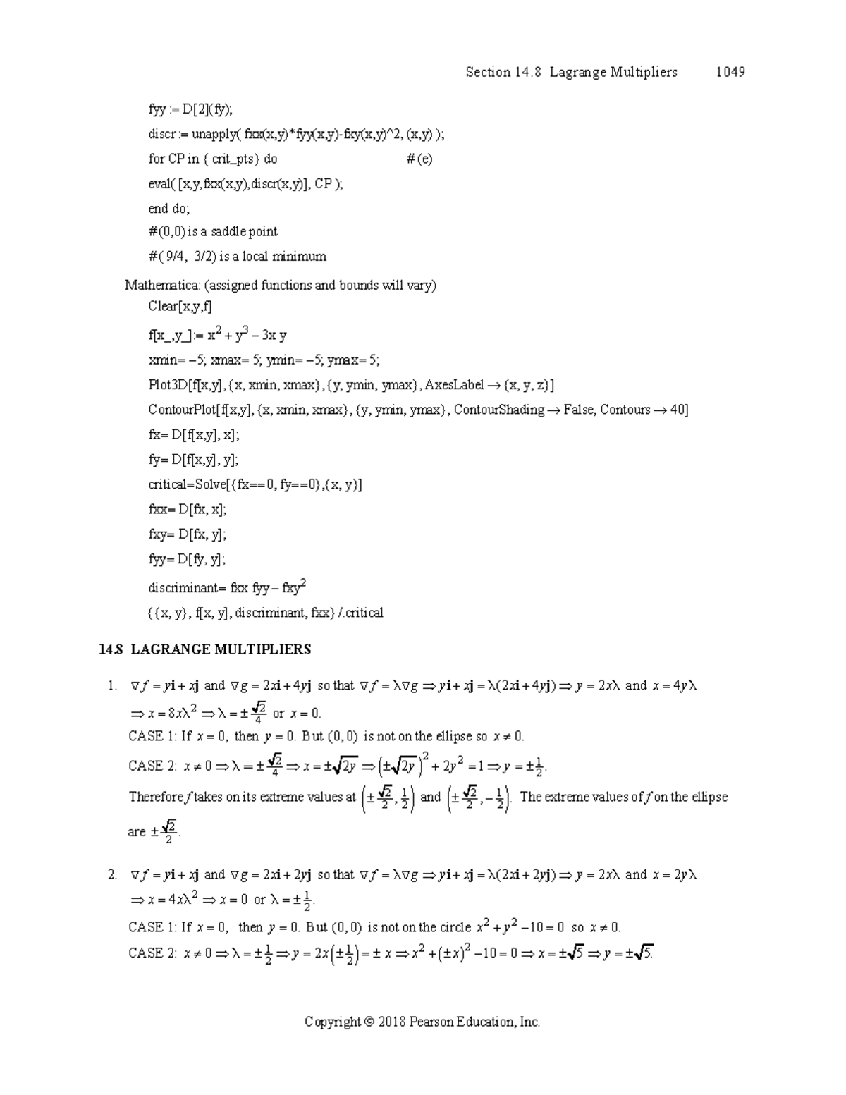 Section 14.8 Lagrange Multipliers Solutions - Calculus 14th Edition ...