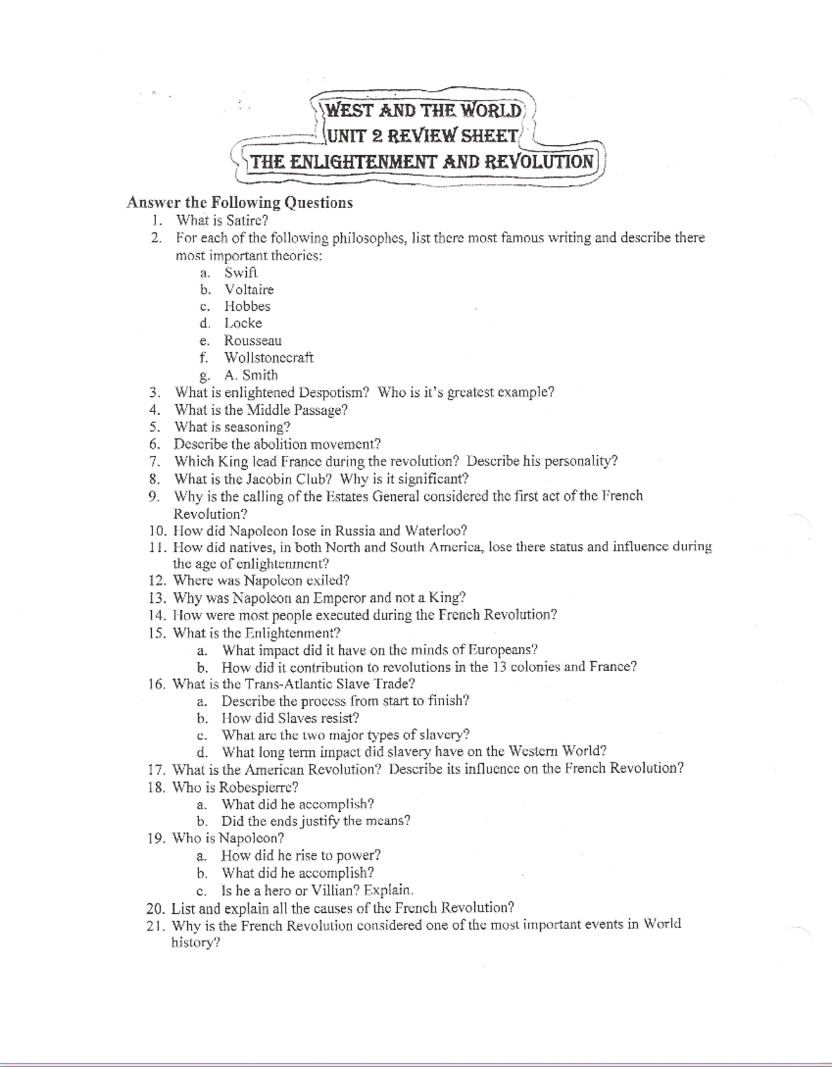 WEST AND THE WORLD 2 - Enlightenment & Revolution Test Review Guide ...