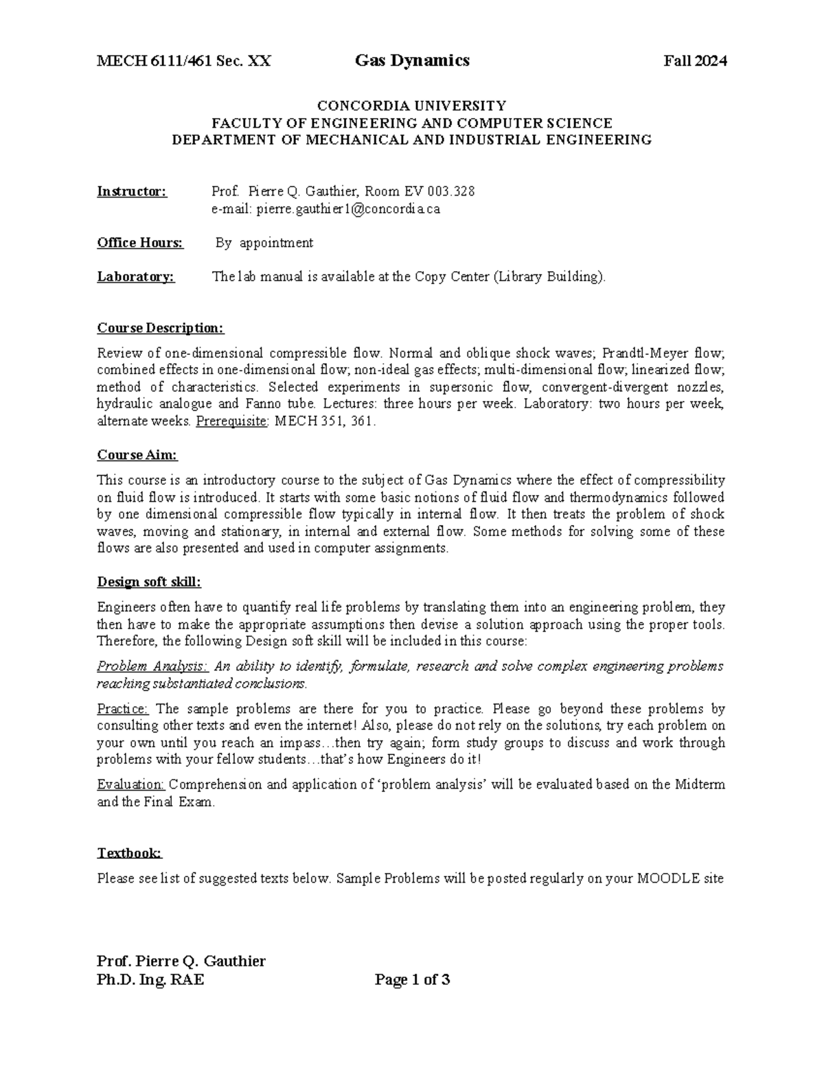 Gas Dynamics Outline MECH 6111/461 Fall 2024 Overview - Studocu