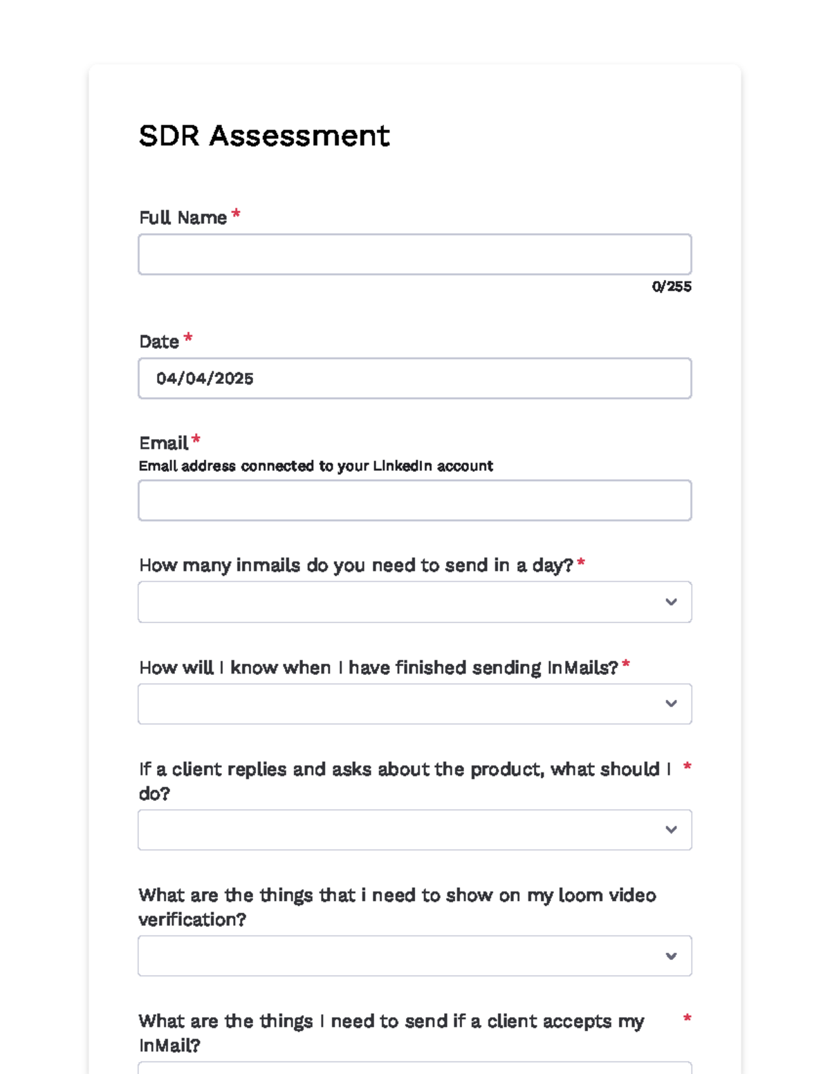 SDR Assessment - N/A - SDR Assessment Full Name * Date * Email * Email ...