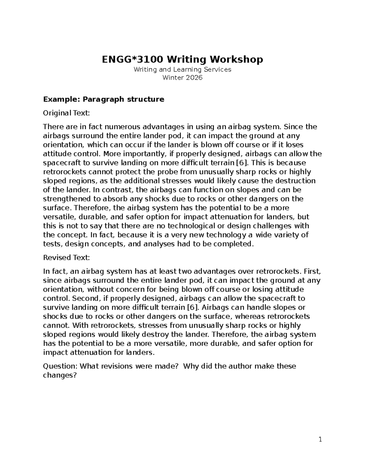 W26 ENGG 3100 Writing Workshop: Enhancing Paragraph Structure - Studocu