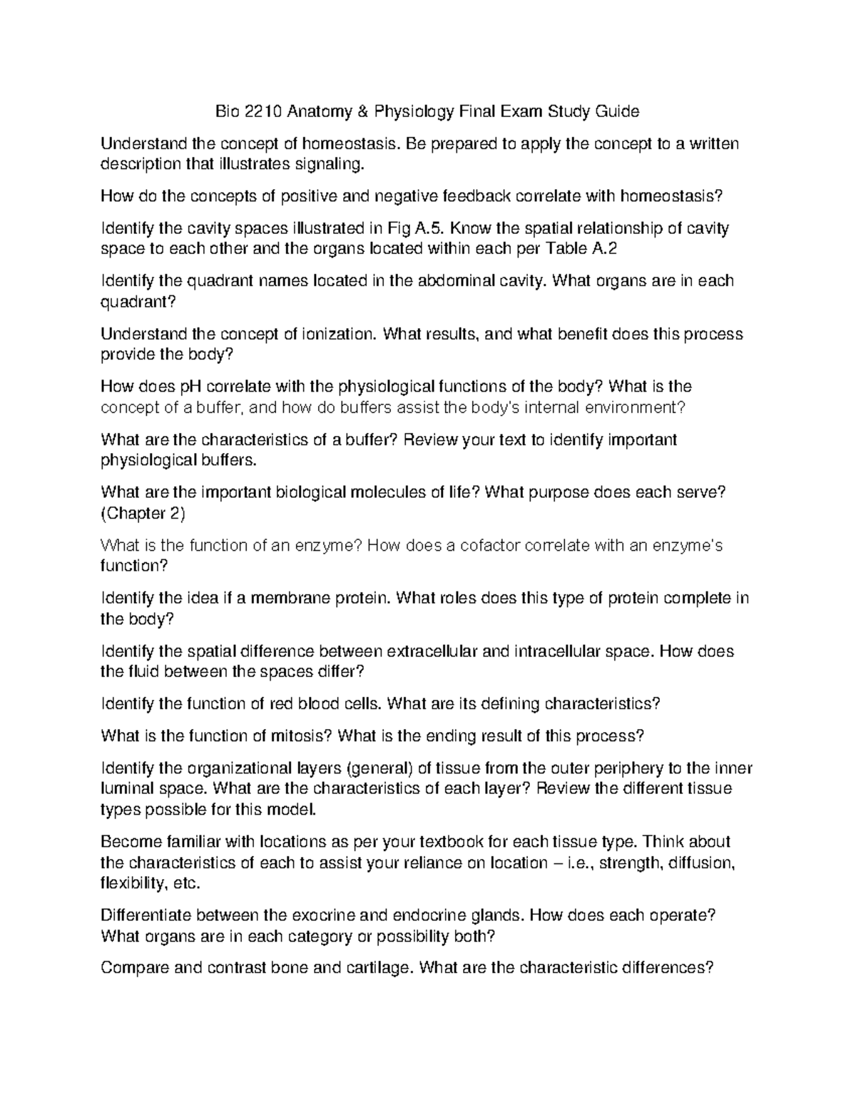 Bio 2210 Anatomy & Physiology Final Exam Study Guide Overview - Studocu