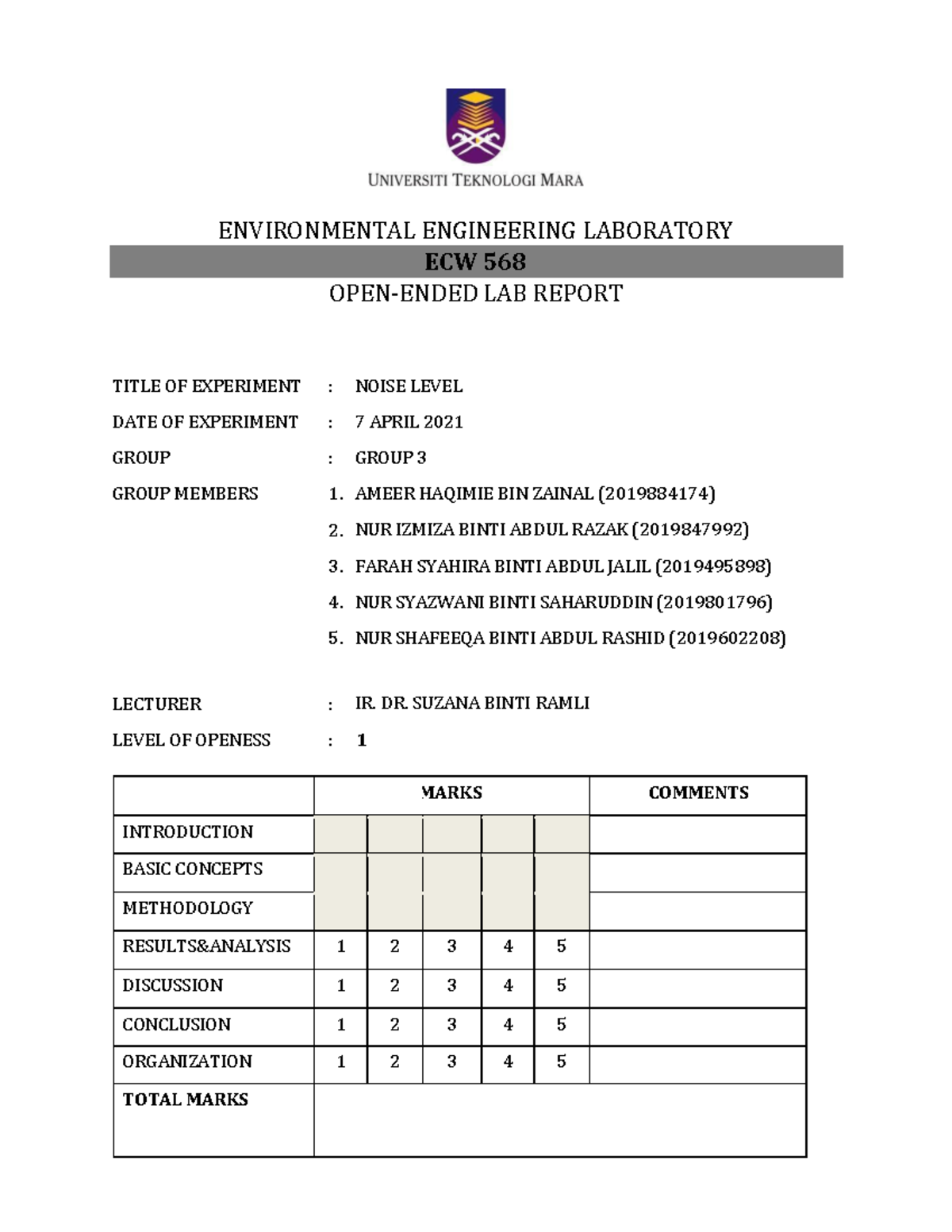 Group 3 Noise Level 6C5A - ENVIRONMENTAL ENGINEERING LABORATORY ECW 568 ...