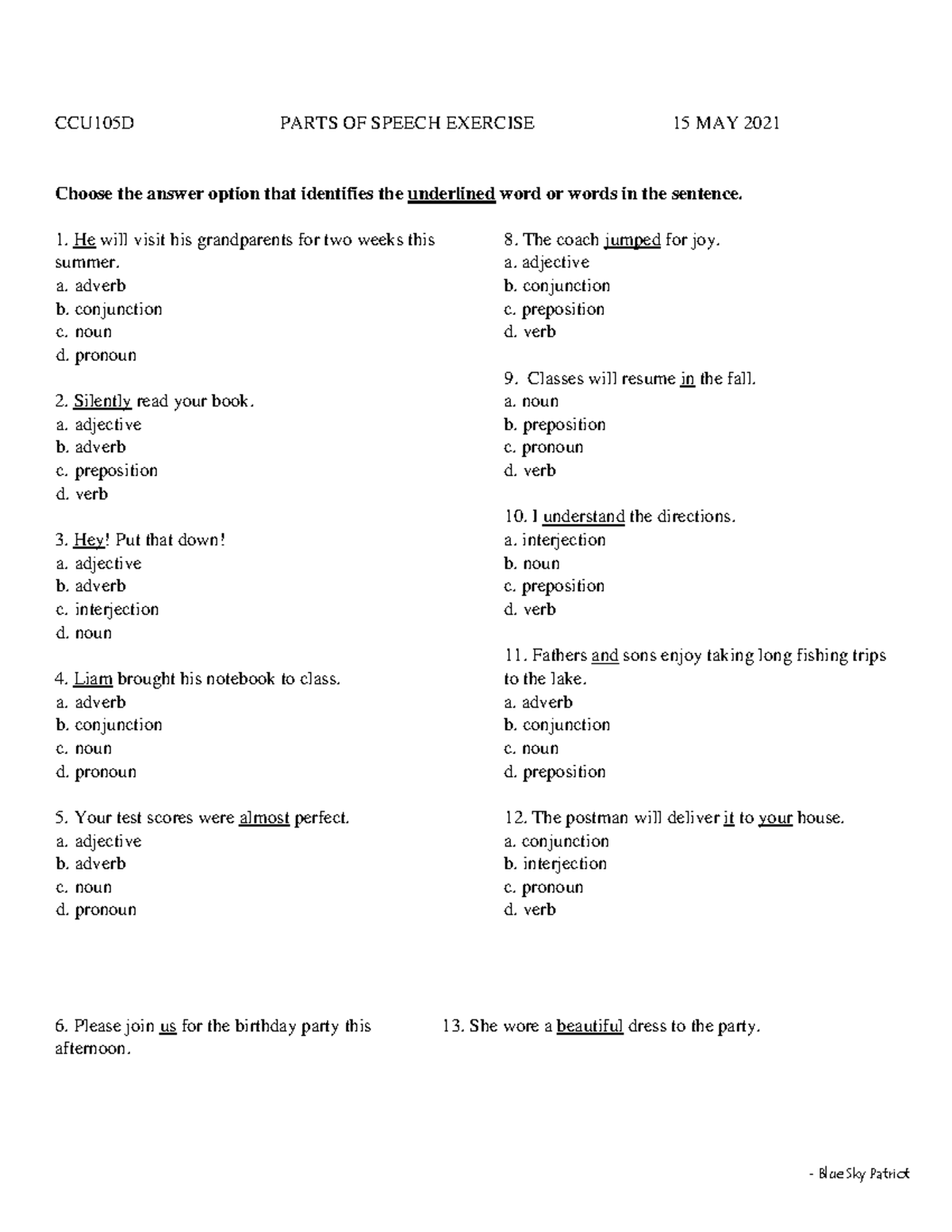 CCU105D Parts of Speech Exercise 15 - Practice Questions and Answers ...