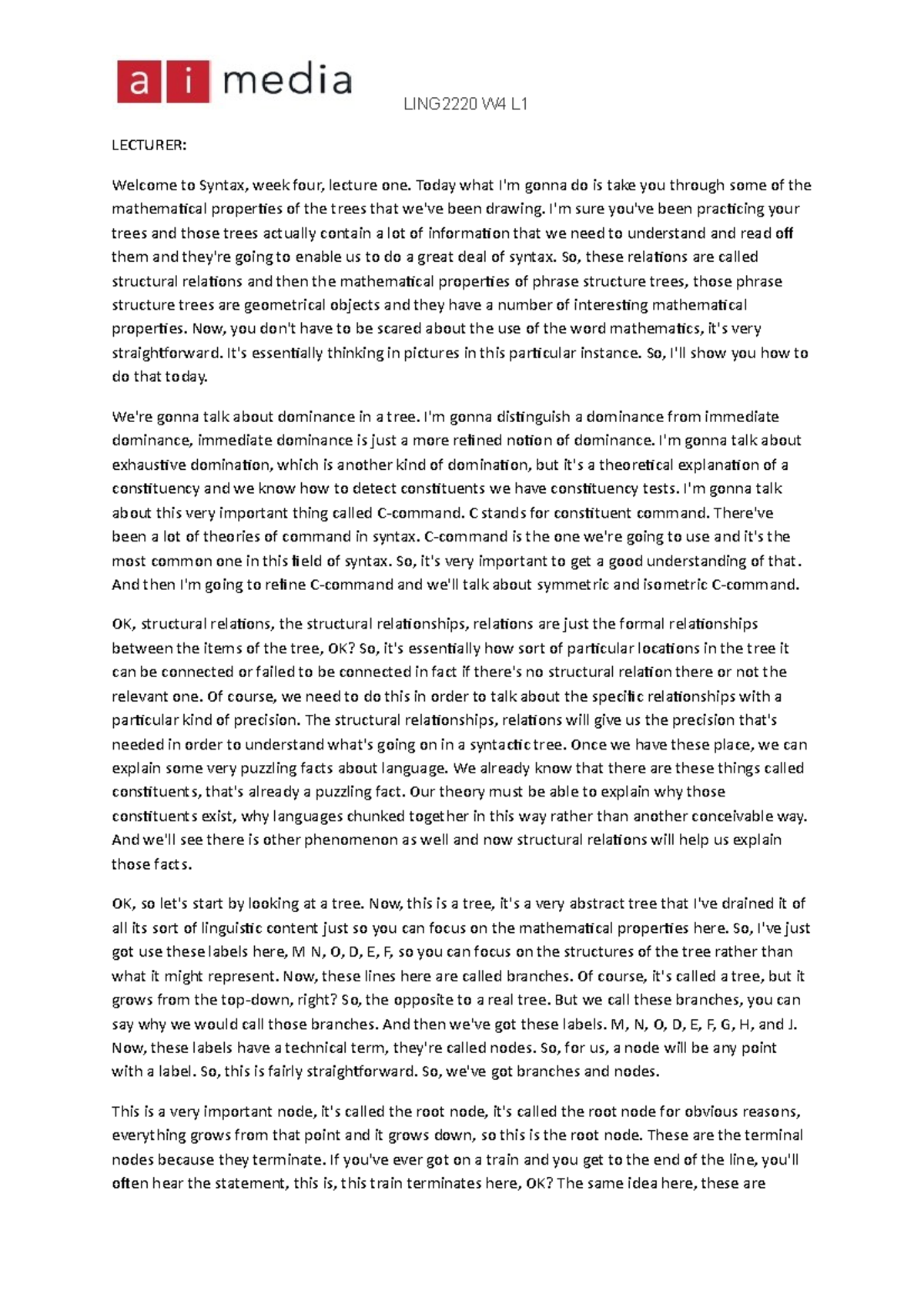 LING2220 W4 L1 - In-Depth Syntax Lecture Notes on Trees and Relations ...