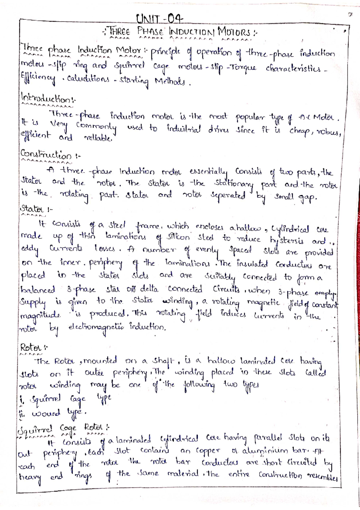 BEE Unit 04 - Comprehensive Notes on Three Phase Induction Motors for ...