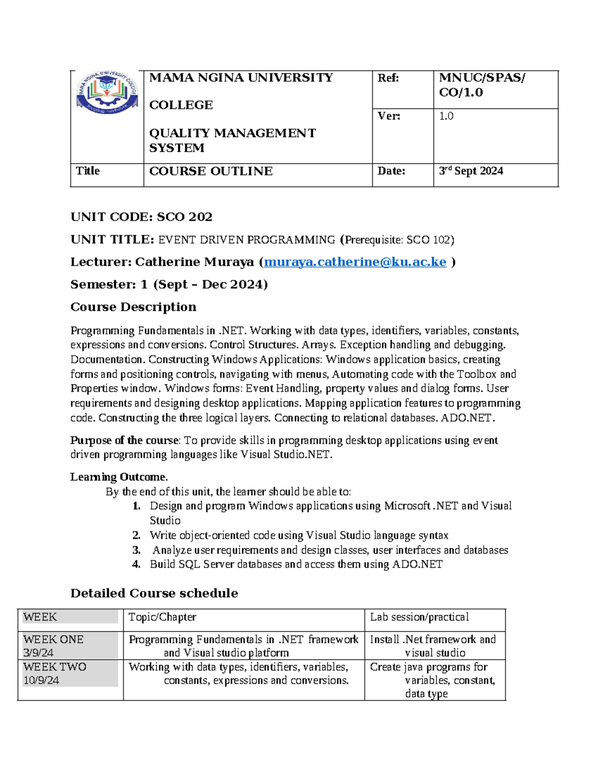 SCO 202 - Event Driven Programming Course Outline and Schedule - Studocu
