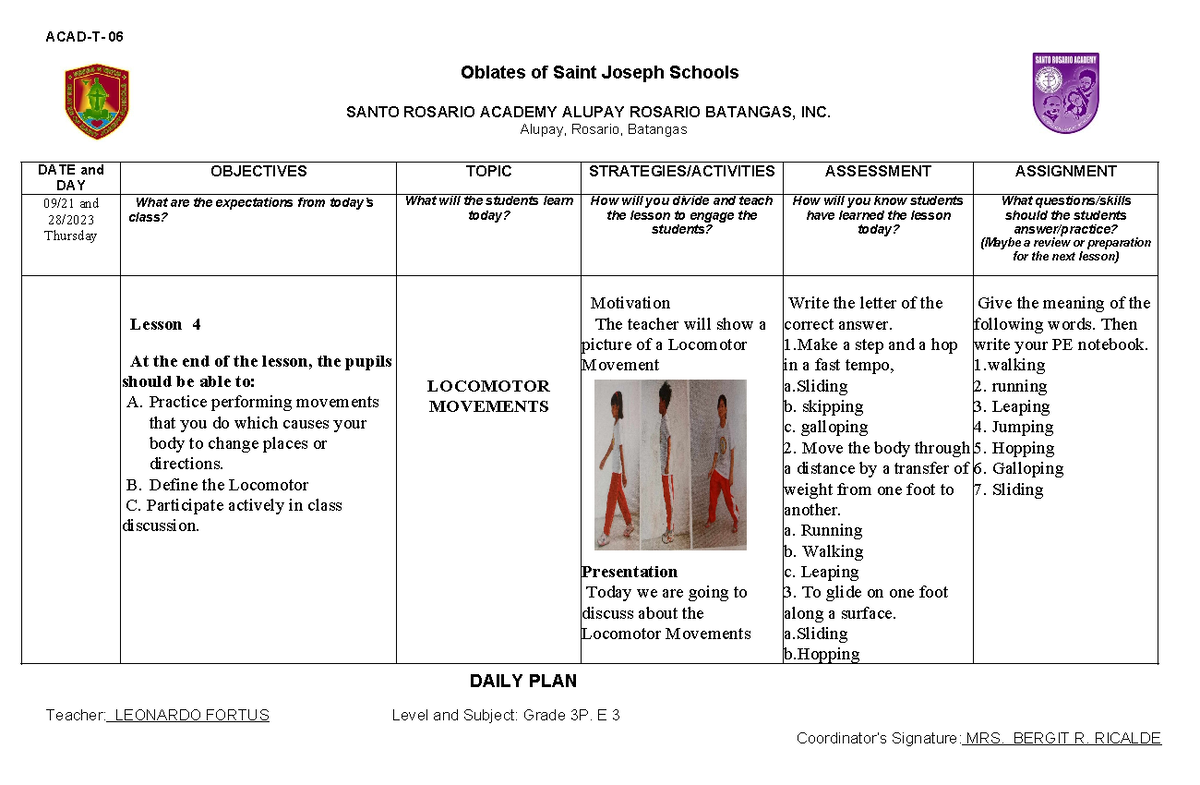 Lesson PLAN IN P. E 3 4th - ACAD-T- 06 Oblates of Saint Joseph Schools ...