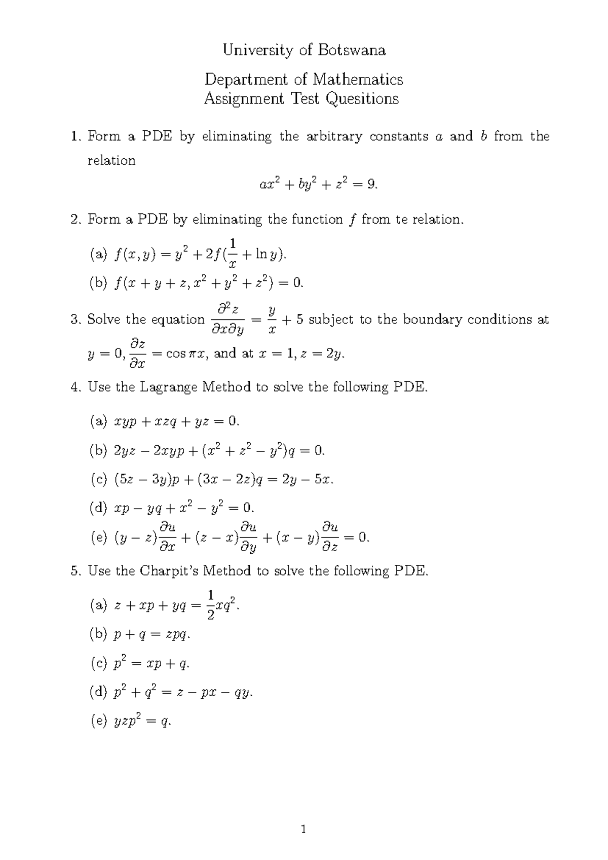 MAT 101 Assignment Test: PDE Solutions and Methods - Studocu