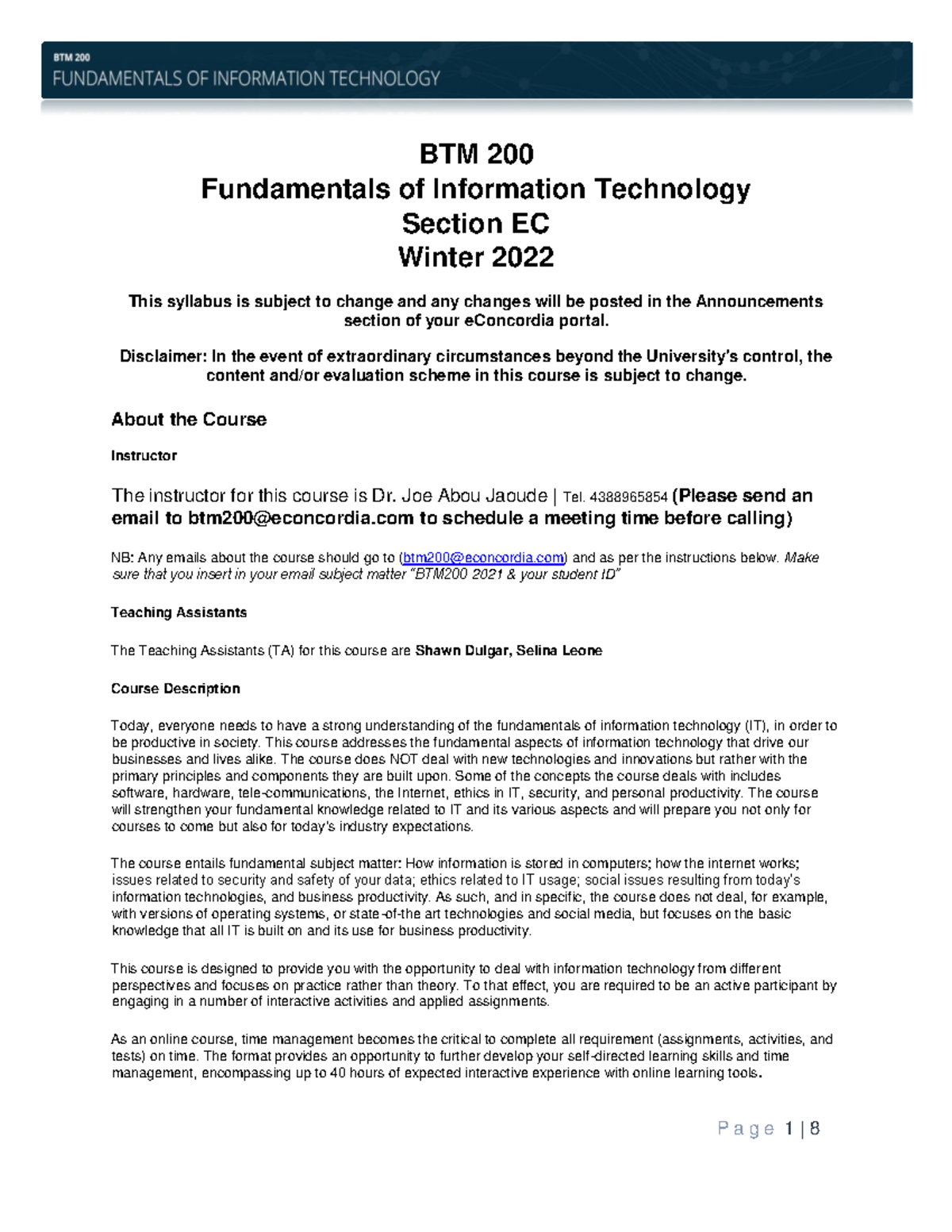 BTM 200 course outline - BTM 200 Fundamentals of Information Technology ...