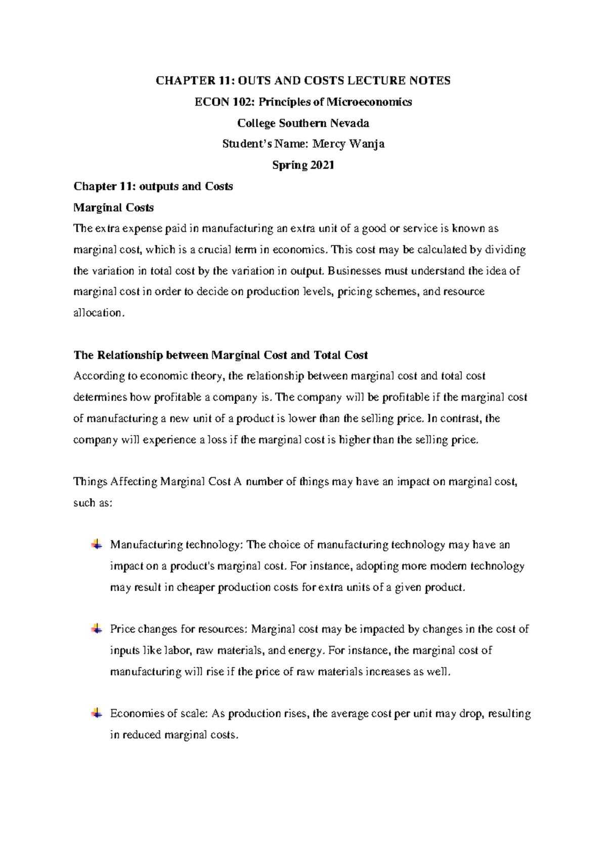 ECON 102 Chapter 11 Outputs and Costs Lecture Notes Overview - Studocu