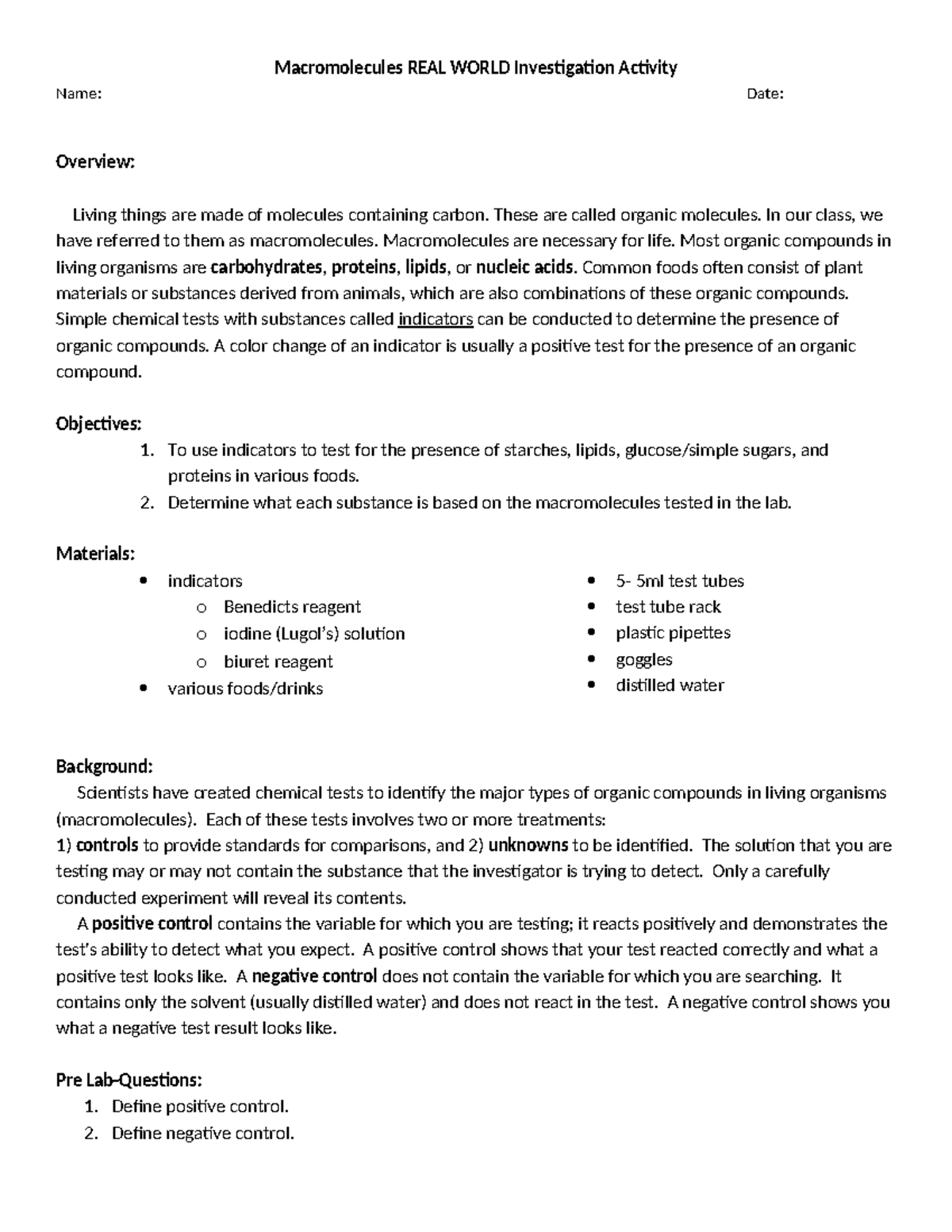 Macromolecules REAL WORLD Investigation Activity Guide - Studocu