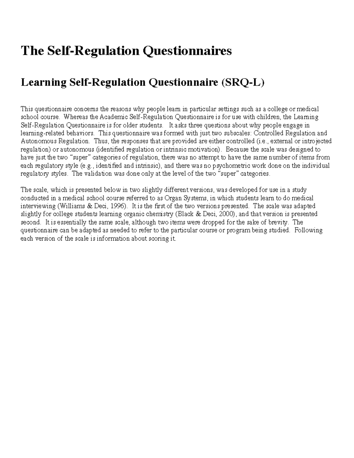 Learning Self-Regulation Questionnaire (SRQ-L) for Medical & Chemistry ...