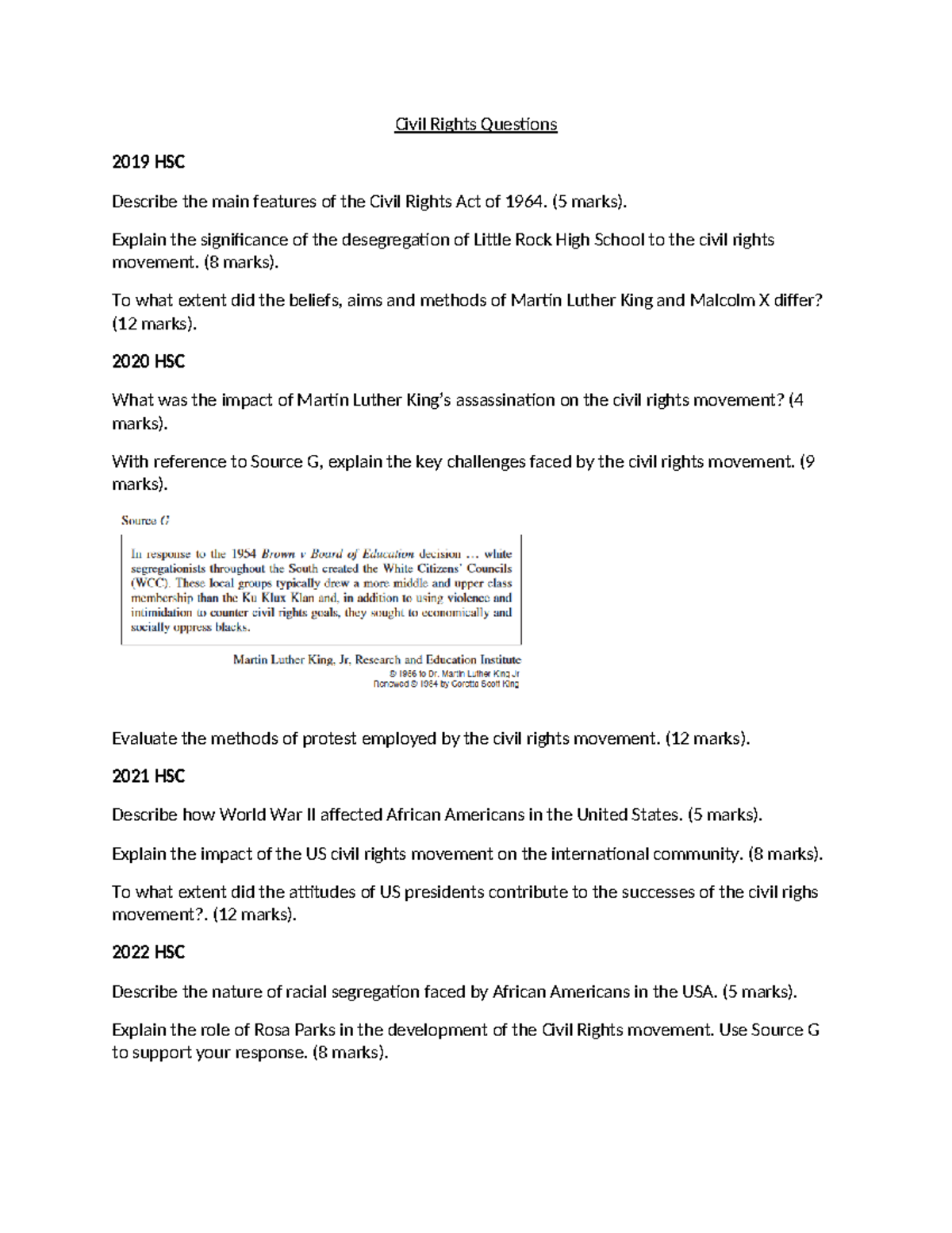 HSC Civil Rights Exam Questions (2019-2023) - Studocu