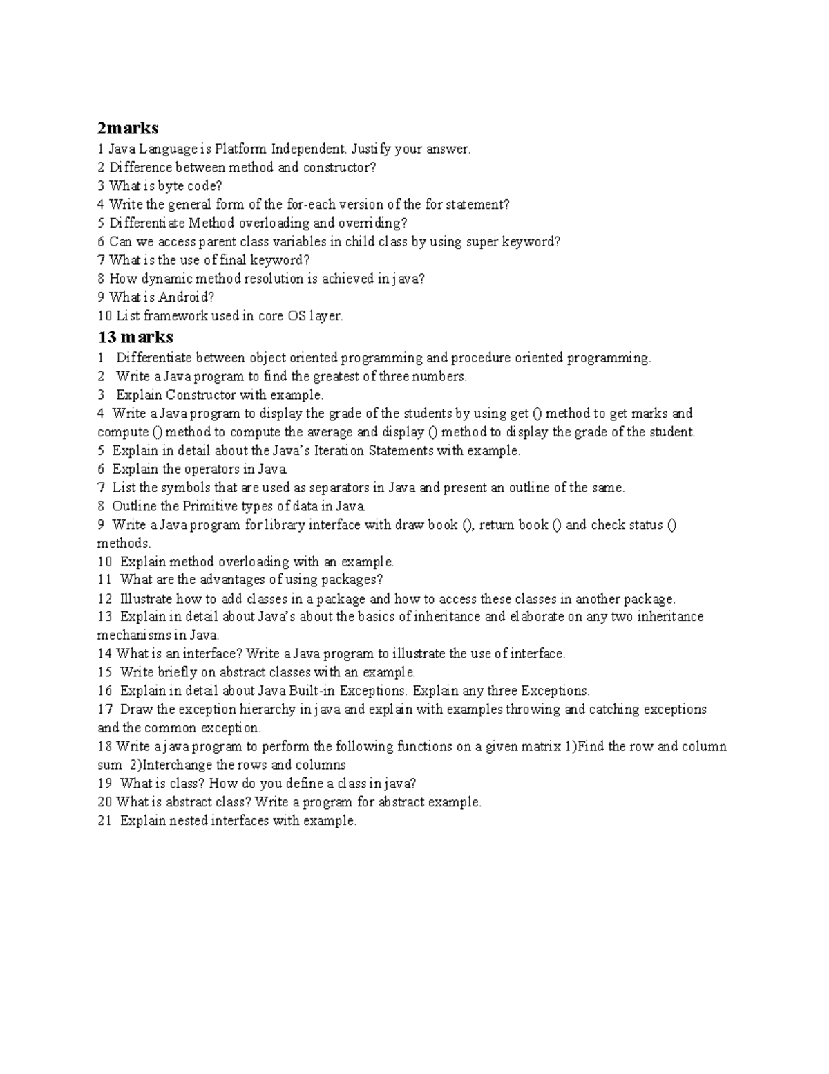 Oops imp quest - NOTE - 2marks 1 Java Language is Platform Independent ...