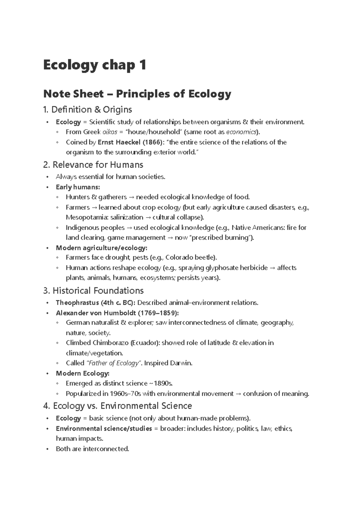 Ecology 101: Chapter 1 Note Sheet on Principles of Ecology - Studocu
