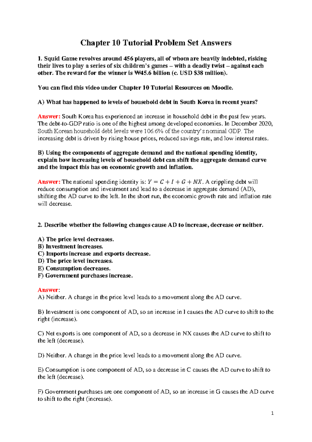 Chapter 10 Tutorial Problem Set Solutions (ECON 101) - Studocu