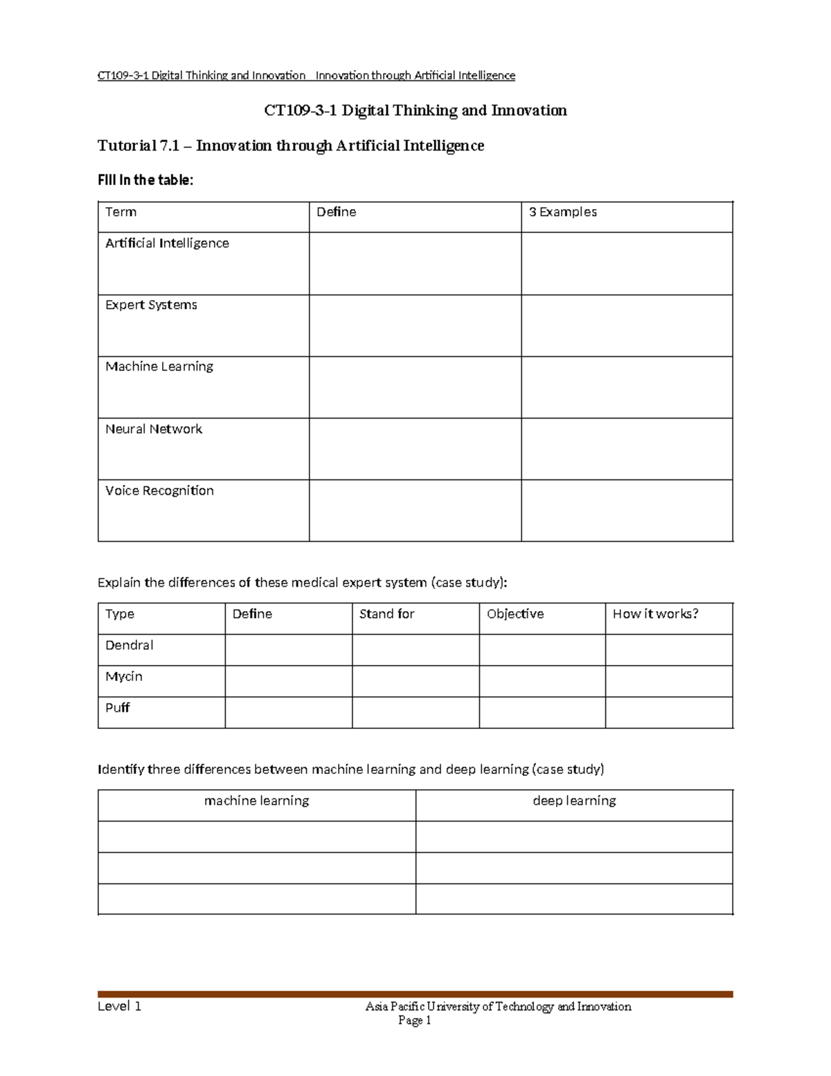 Tutorial 7.1 Innovation through Artificial Intelligence - question ...