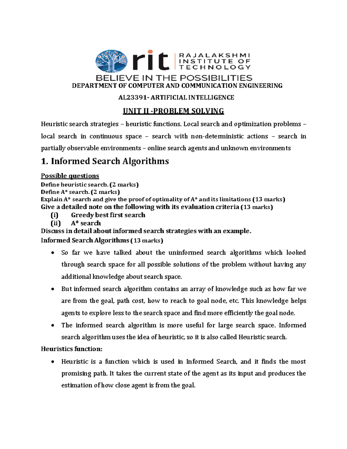 Artificial Intelligence (AI) Unit II: Heuristic Search Strategies ...