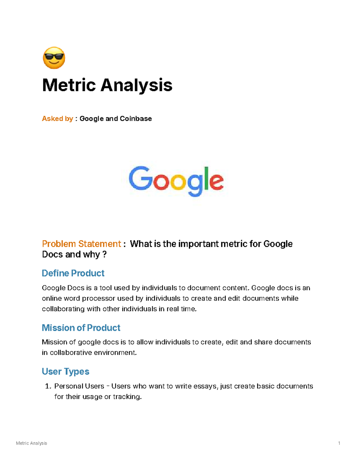 Metric Analysis: Key Metrics for Google Docs - Studocu