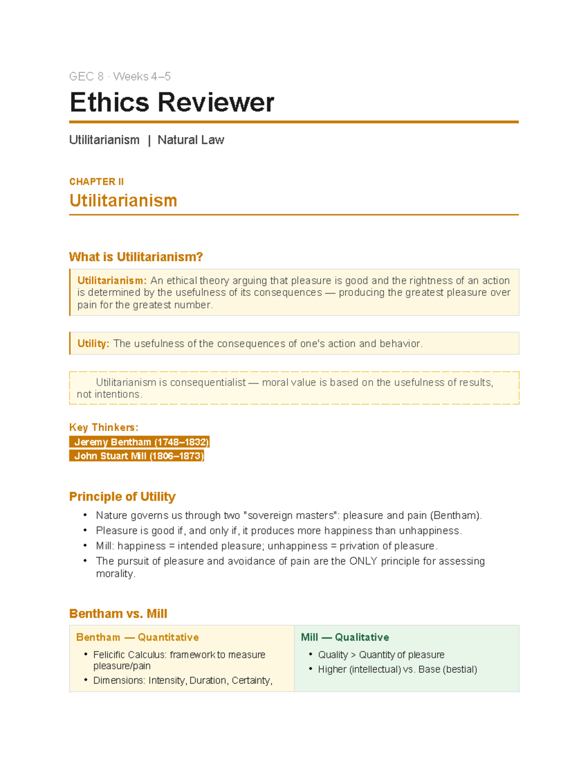 GEC 8 Weeks Ethics Reviewer: Chapter II - Utilitarianism & Natural Law ...